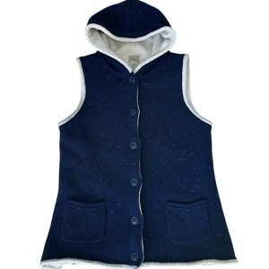LL Bean Hooded Knit Vest Women Small Sleeveless Lambwool Blend Sherpa Lined Blue